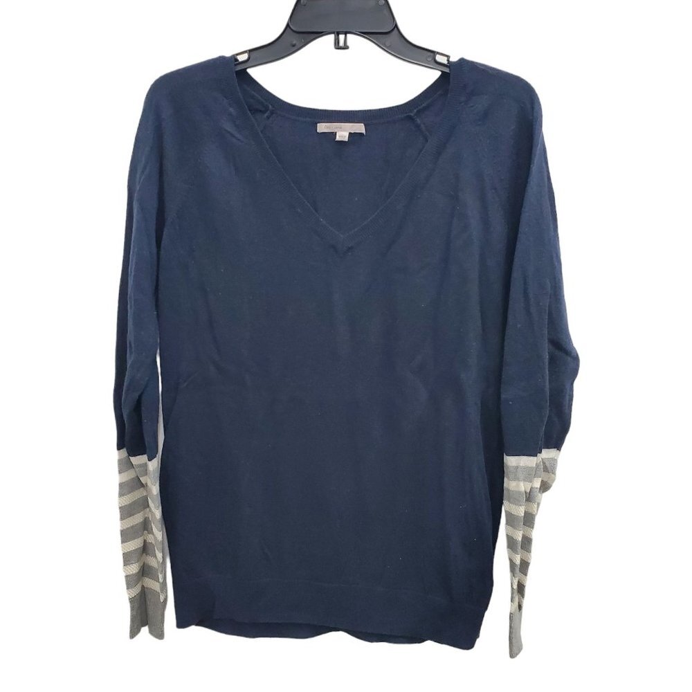 Gap Women's Navy Gray White Sequin Stripe Sleeve Wool Blend‎ Knit Sweater Sz L
